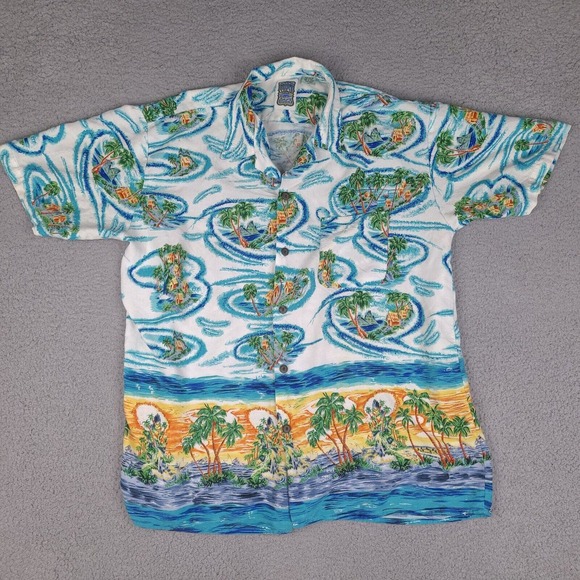 Vintage Ocean Current‎ Hawaiian Shirt Mens Large White Blue Button Short Sleeve - Picture 1 of 14